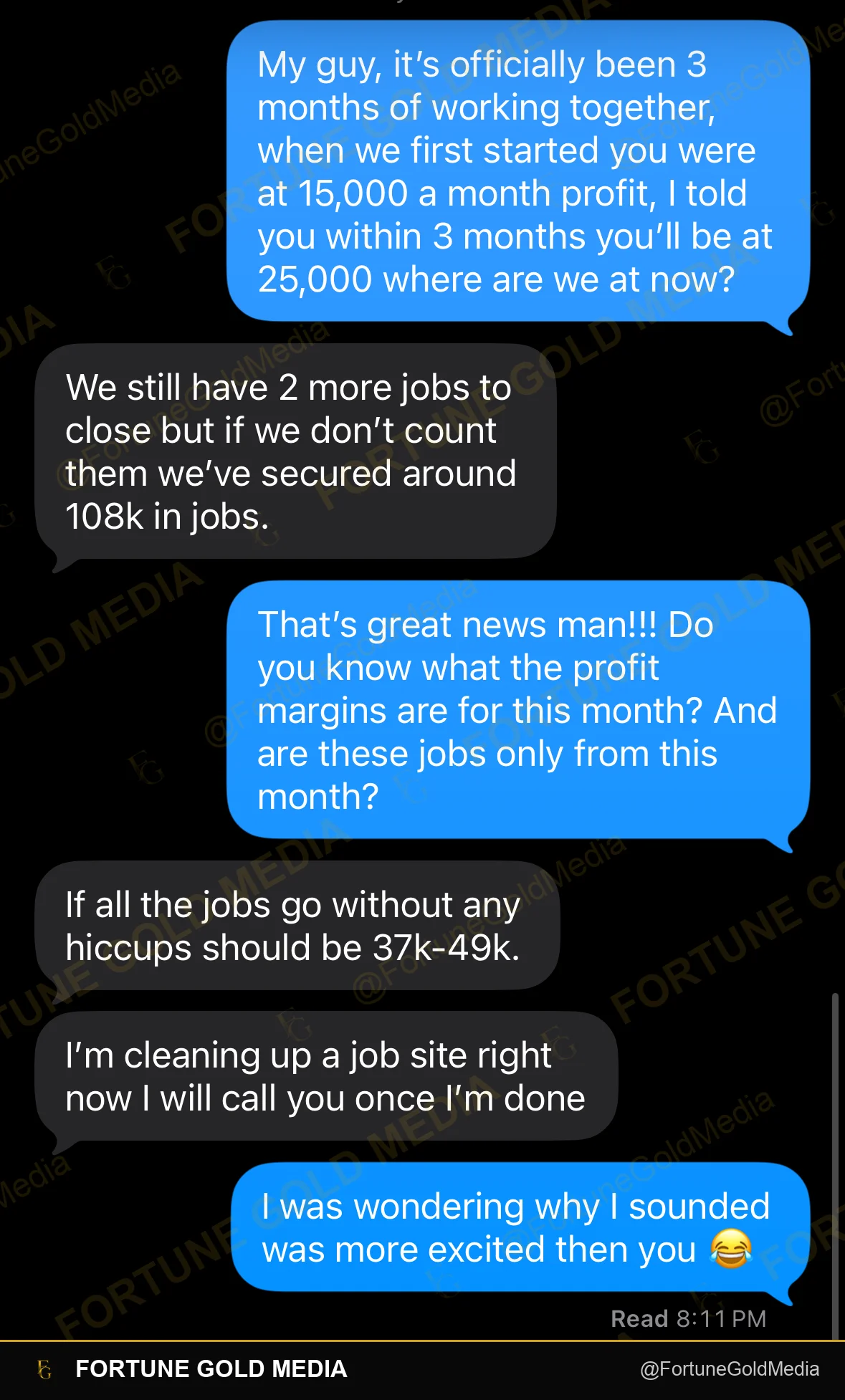 Text conversation with a roofing client reporting $108K in jobs booked in a single month, month three of working together, up from $15,000 a month in profit at the start